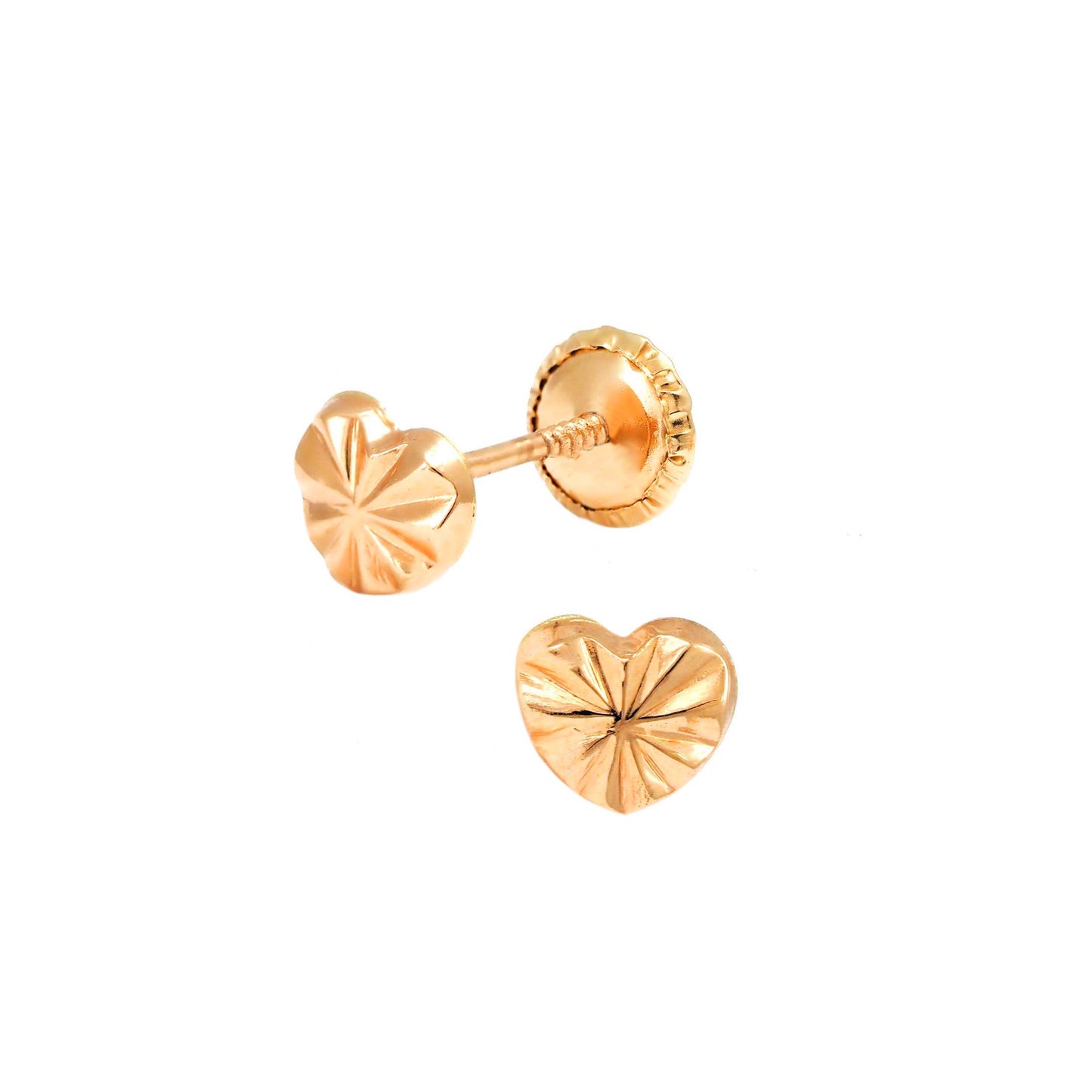 14K Yellow Gold Small Diamond Cut Heart Stud Screwback Earrings