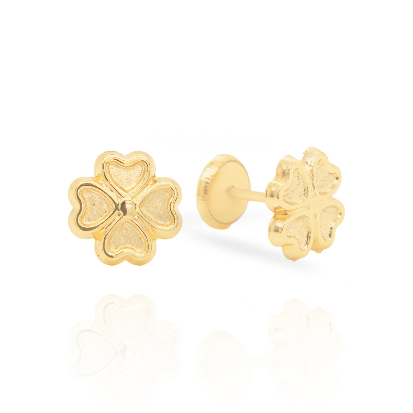 14K Yellow Gold Heart Clover Screwback Earrings