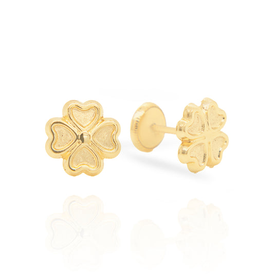 14K Yellow Gold Heart Clover Screwback Earrings