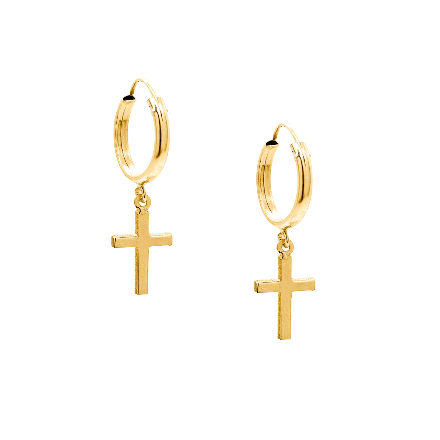 14K Yellow Gold Medium Dangling Cross Huggie Earrings