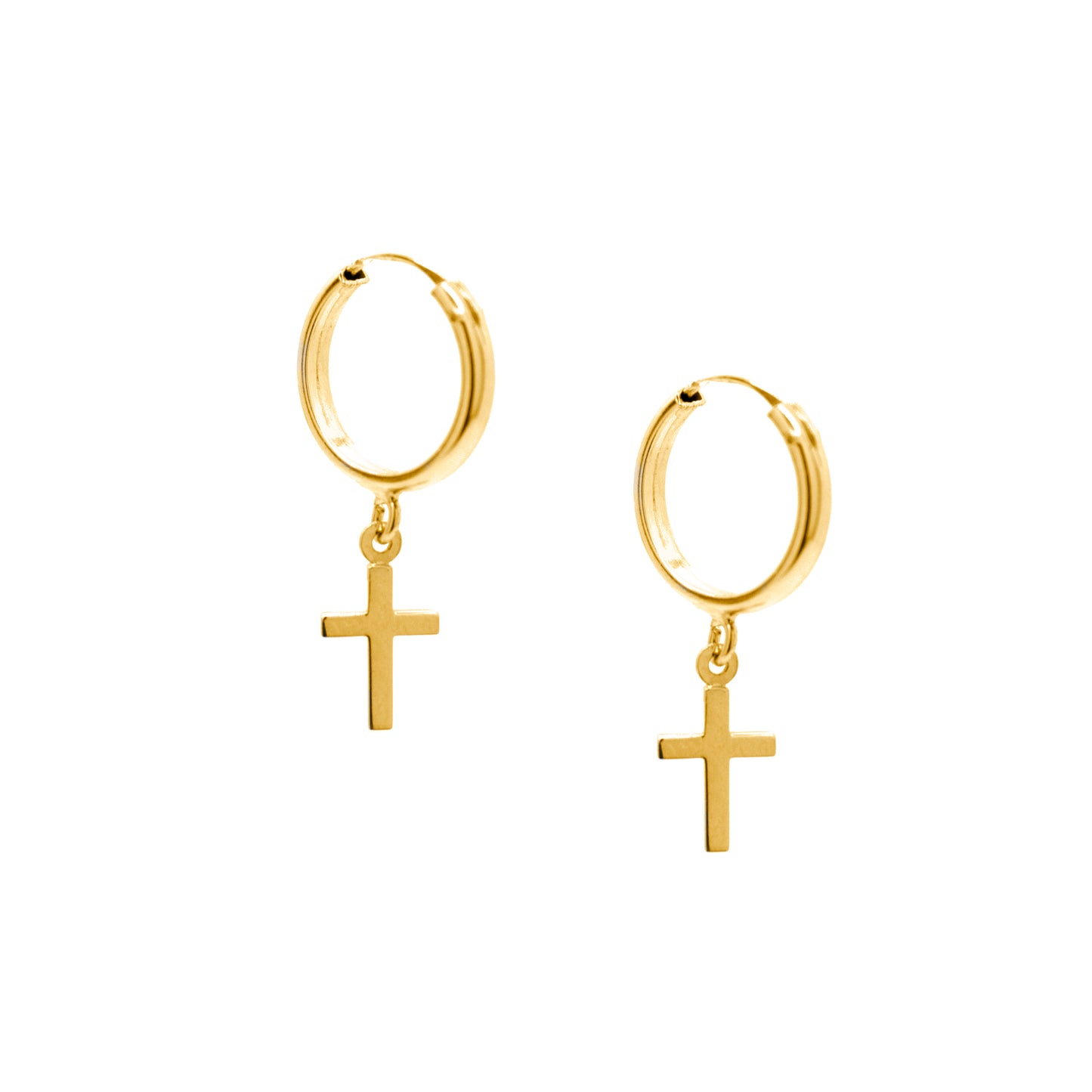 14K Yellow Gold Small Dangling Cross Huggie Earrings