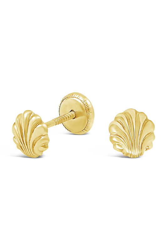 14K Yellow Gold Detailed Sea Shell Screwback Earrings