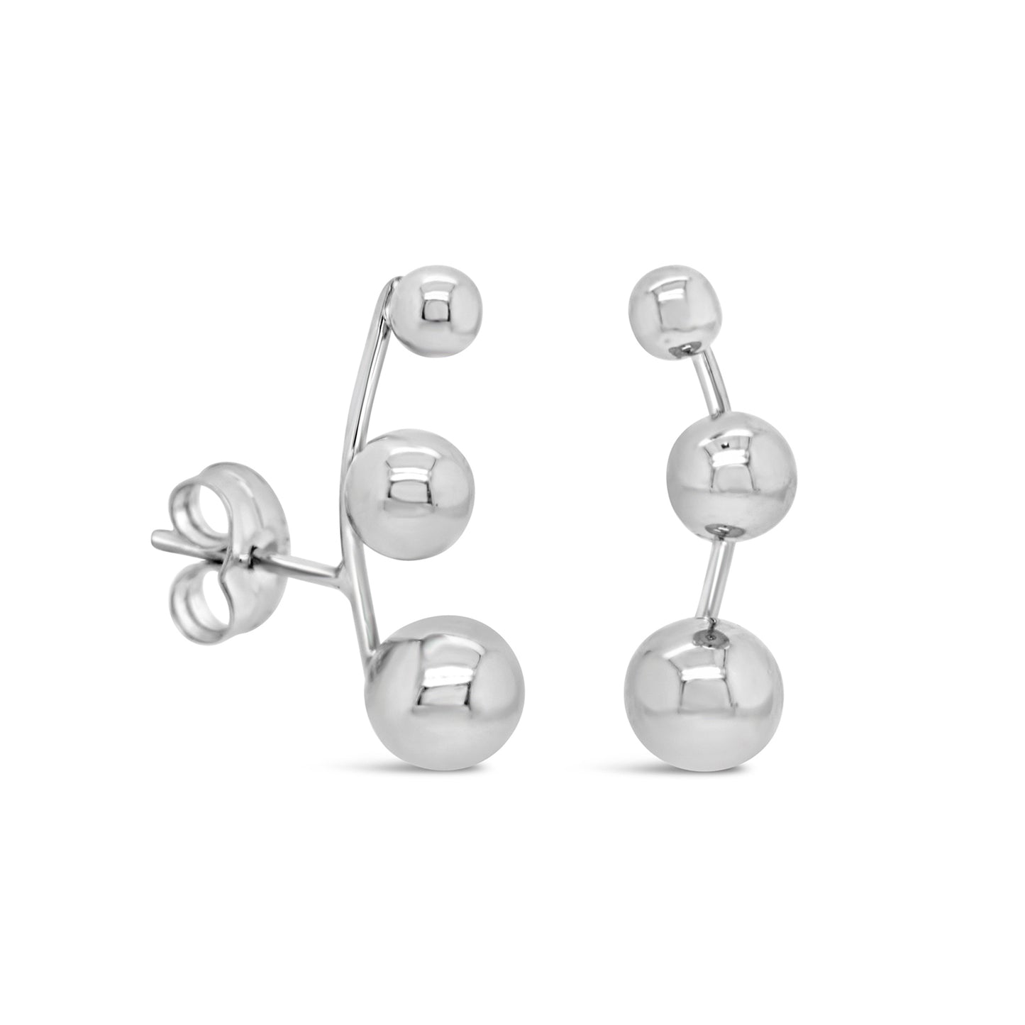 14K White Gold Triple Ball Ear Climber PushbackBack Earrings