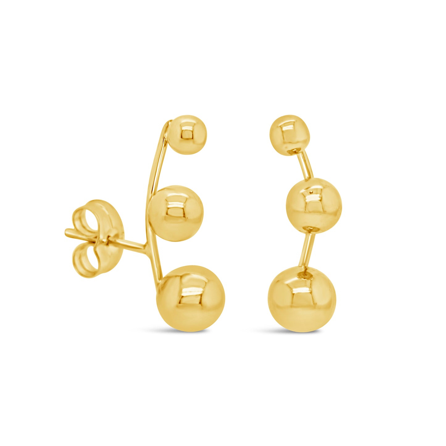 14K Yellow Gold Triple Ball Ear Climber PushbackBack Earrings