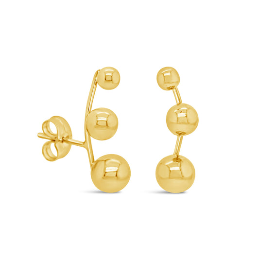 14K Yellow Gold Triple Ball Ear Climber PushbackBack Earrings