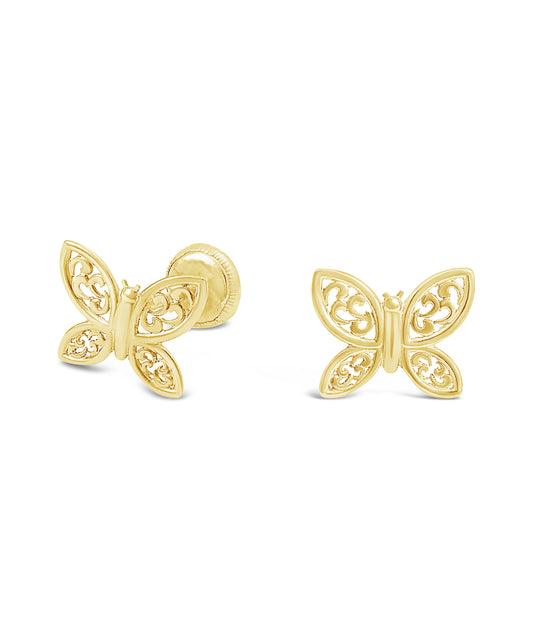 14K Yellow Gold Medium Filigree Butterfly Screwback Earrings