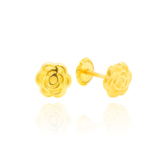 14K Yellow Gold Detailed Rose Screwback Earrings