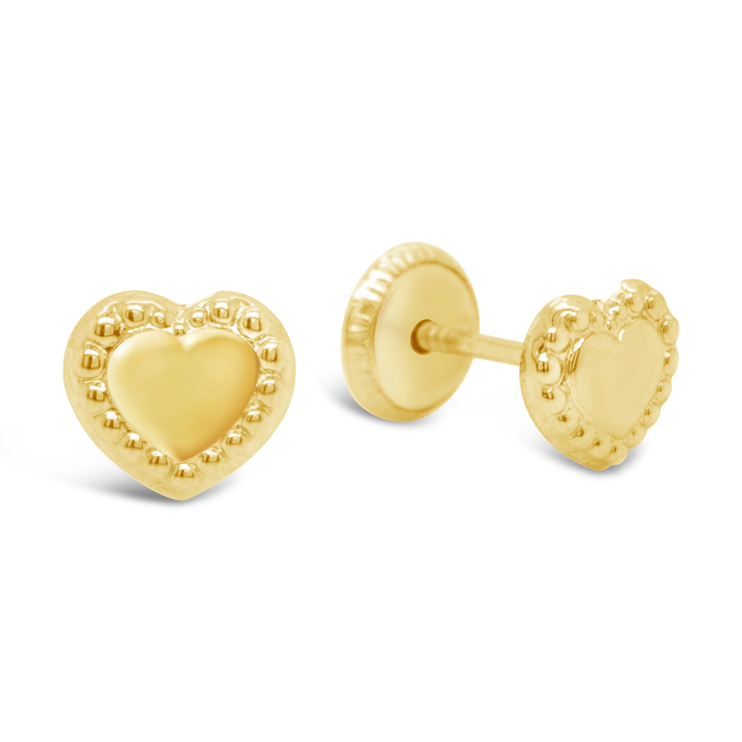 14K Yellow Gold Medium Plain Heart With Bezel Details Studs Screwback Earrings