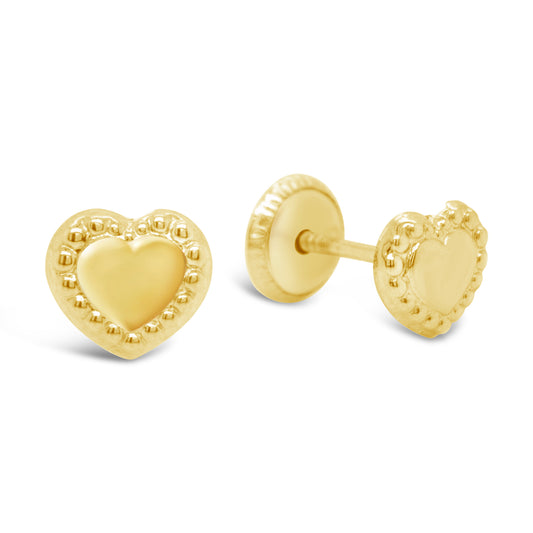 14K Yellow Gold Medium Plain Heart With Bezel Details Studs Screwback Earrings