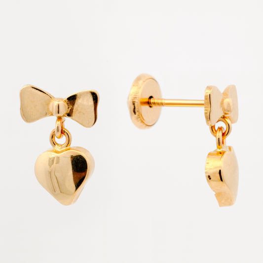 14K Yellow Gold Bow and Dangle Heart Screwback Earring