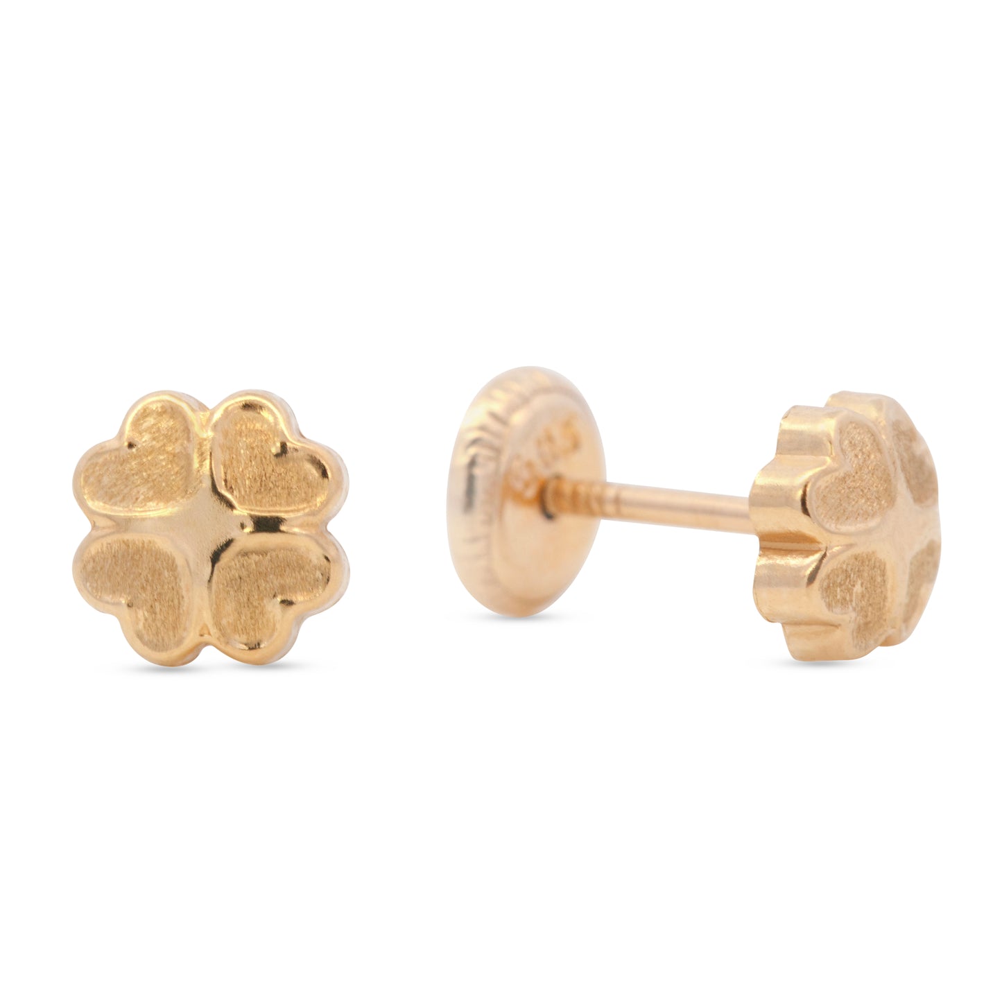 14K Yellow Gold Textured Heart Clover Screwback Earrings