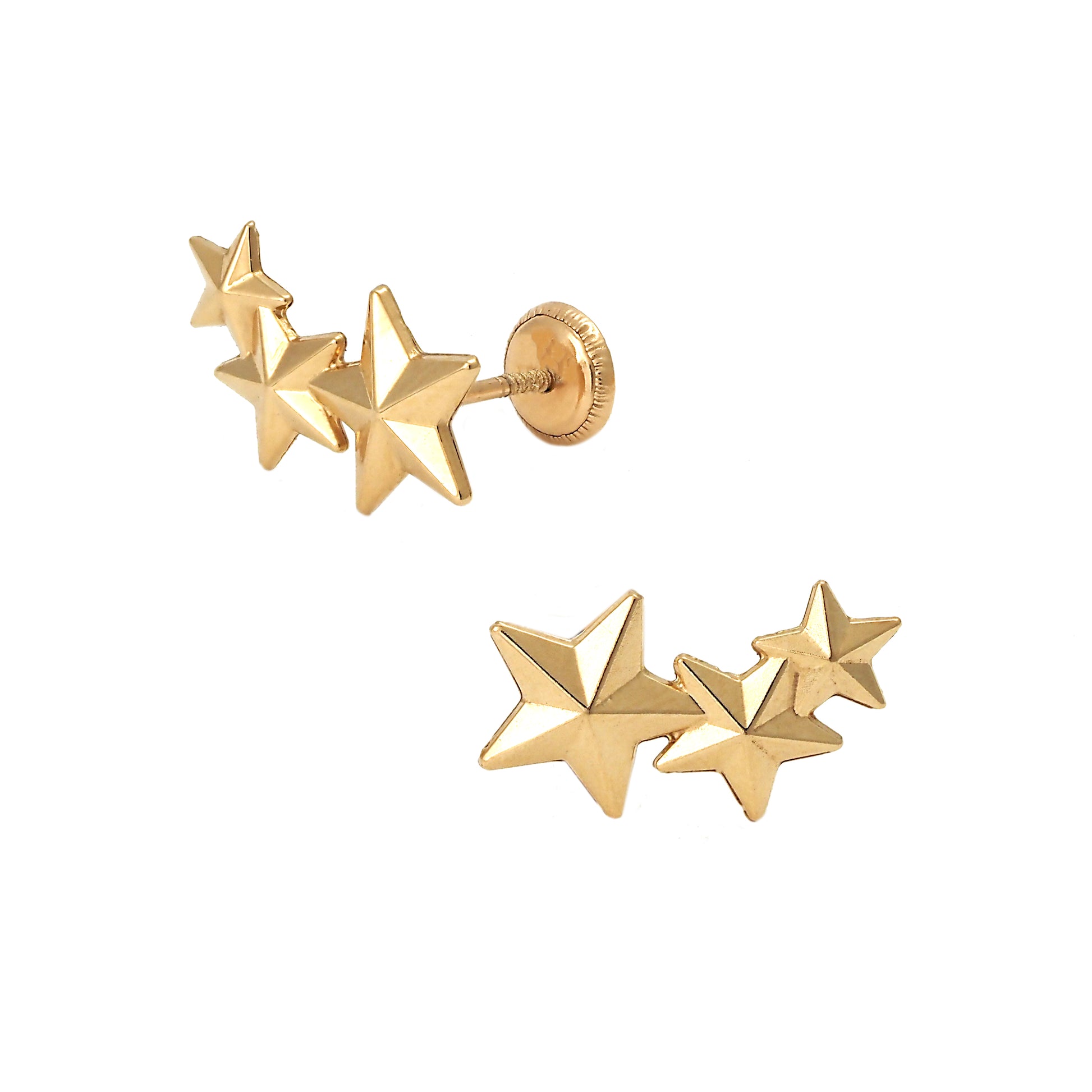 14K Yellow Gold Detailed Star Ear Climber Screwback Earrings