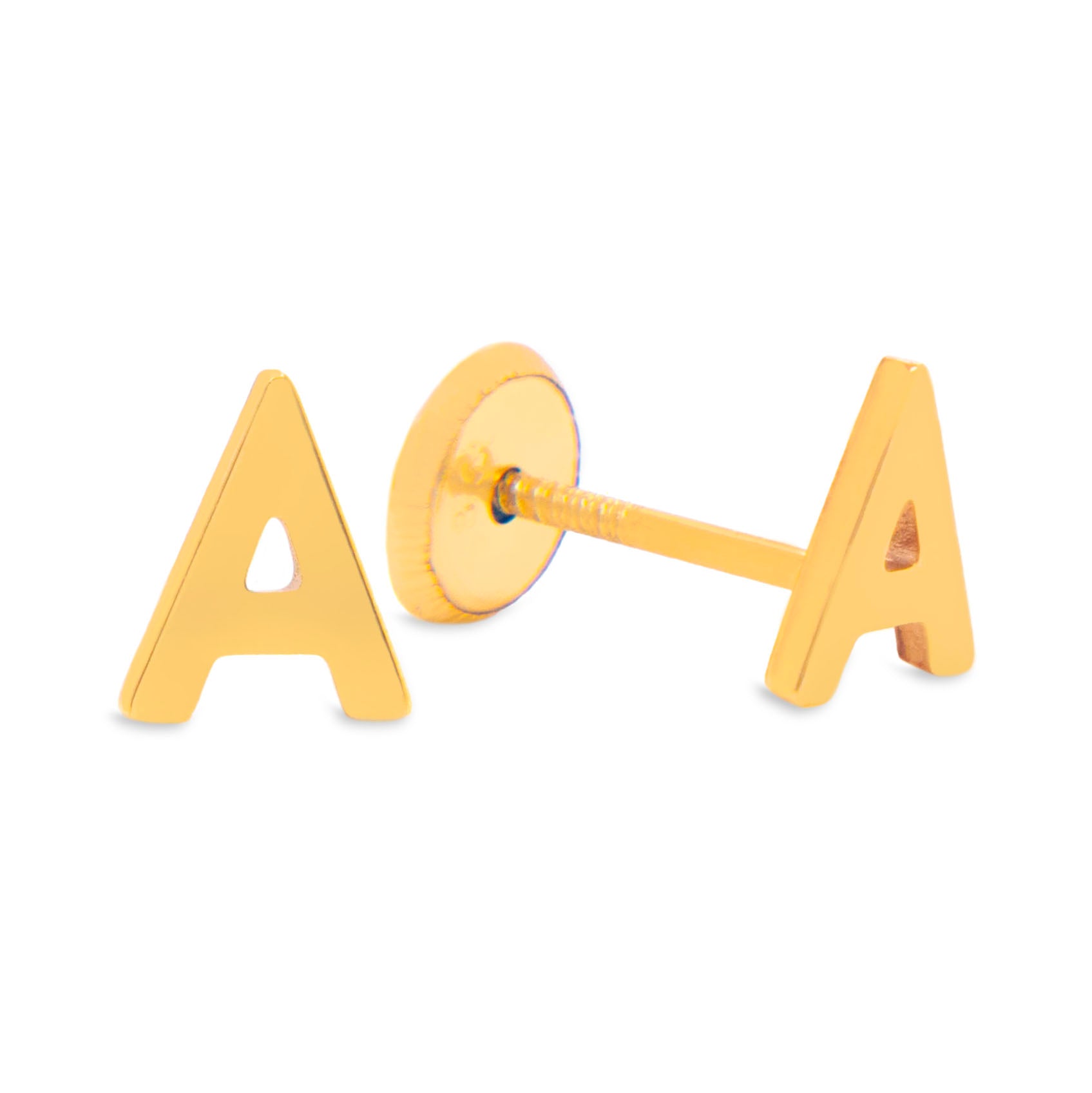 14K Yellow Gold Initial Letter A Stud Pushback Earrings