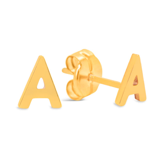 14K Yellow Gold Initial Letter A Stud Pushback Earrings