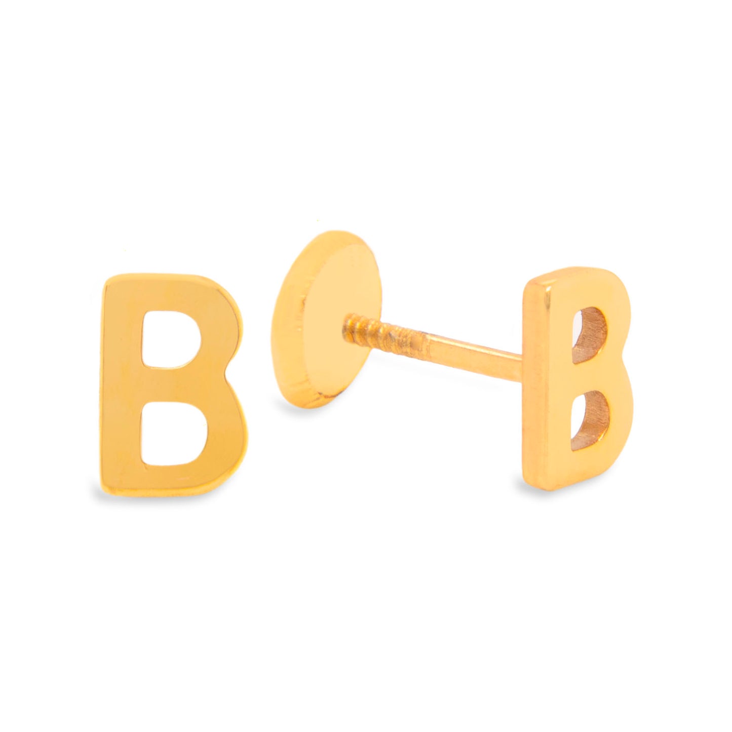 14K Yellow Gold Initial Letter B Stud Pushback Earrings