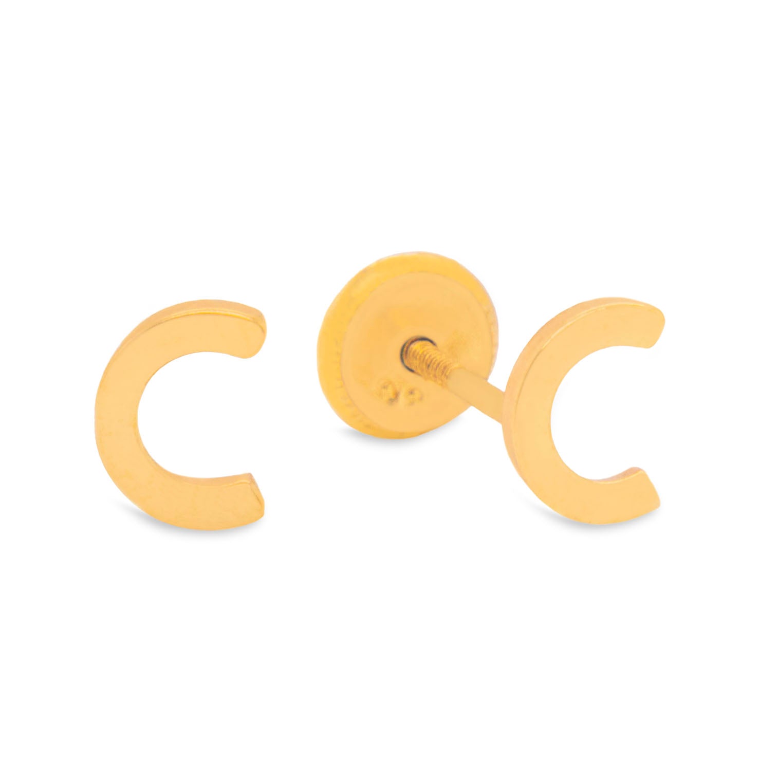 14K Yellow Gold Initial Letter C Stud Pushback Earrings
