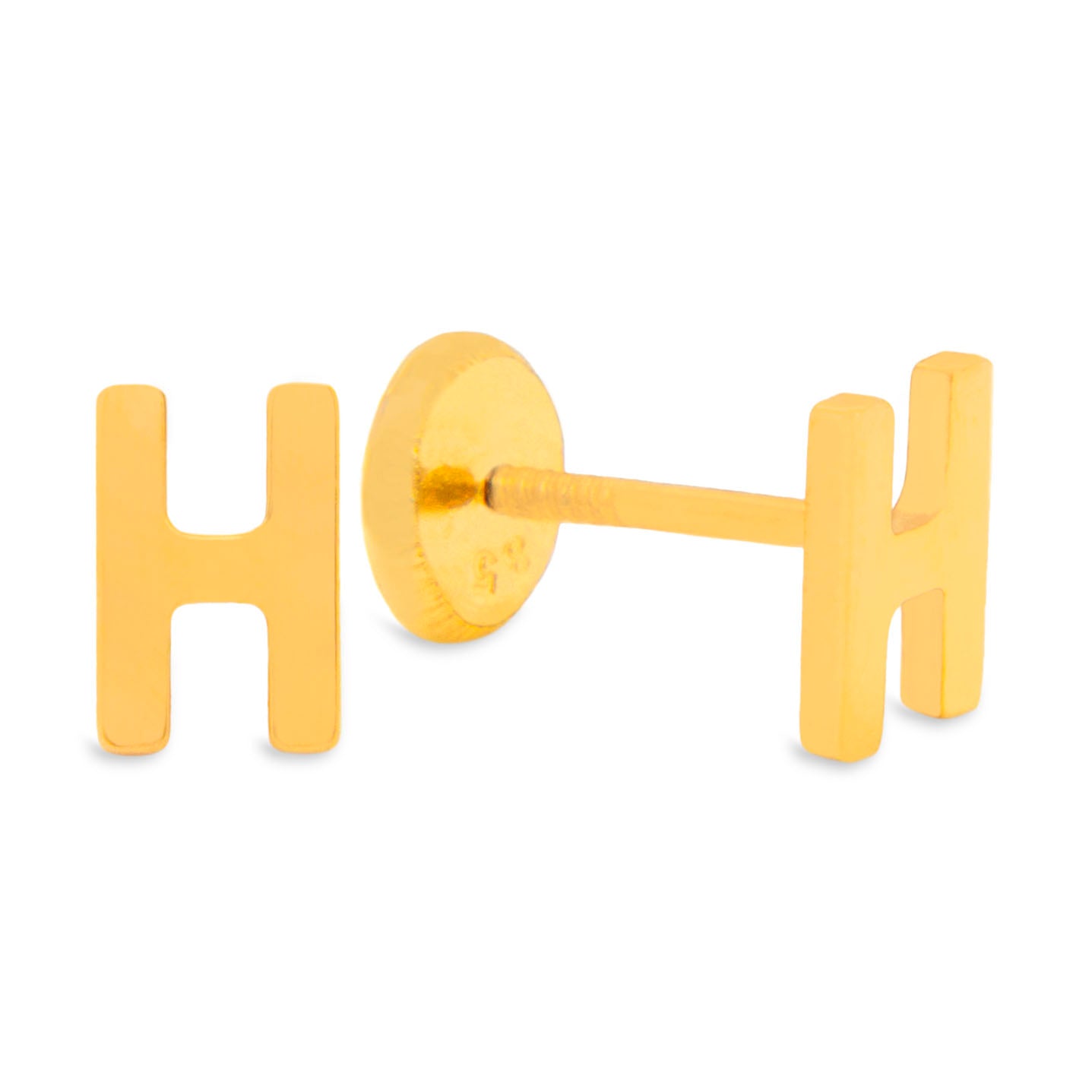 14K Yellow Gold Initial Letter H Stud Pushback Earrings