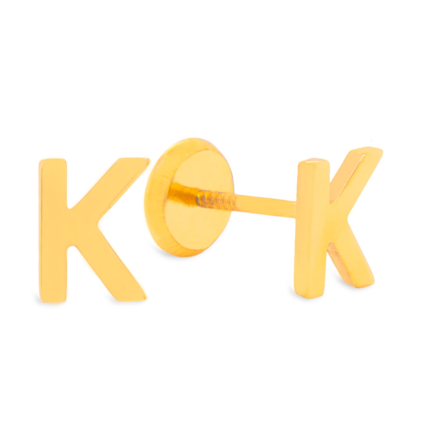 14K Yellow Gold Initial Letter K Stud Pushback Earrings