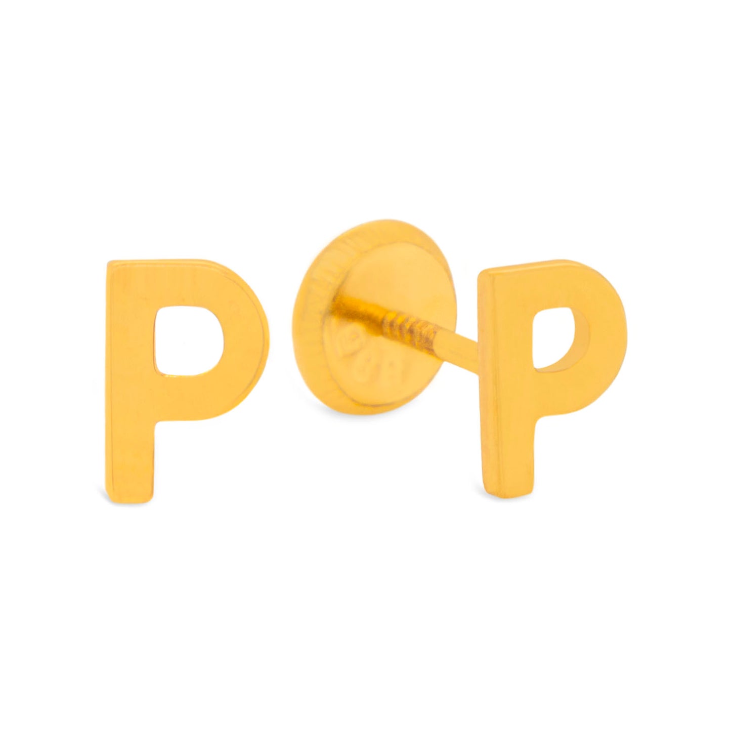 14K Yellow Gold Initial Letter P Stud Pushback Earrings