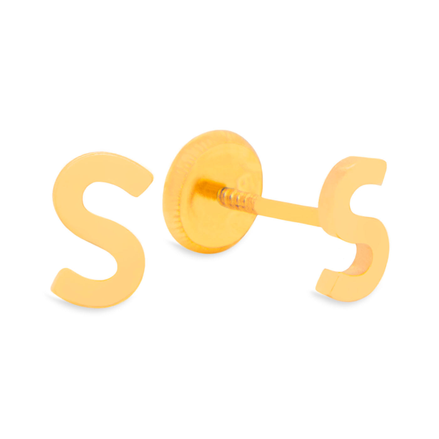14K Yellow Gold Initial Letter S Stud Pushback Earrings