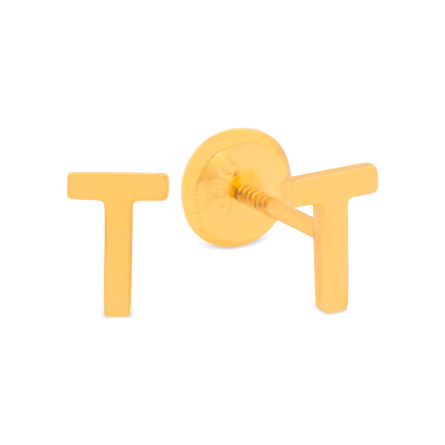 14K Yellow Gold Initial Letter T Stud Pushback Earrings