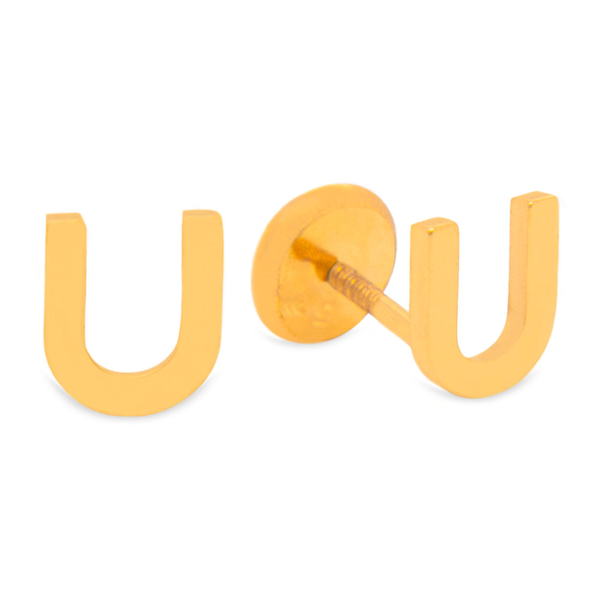 14K Yellow Gold Initial Letter U Stud Pushback Earrings