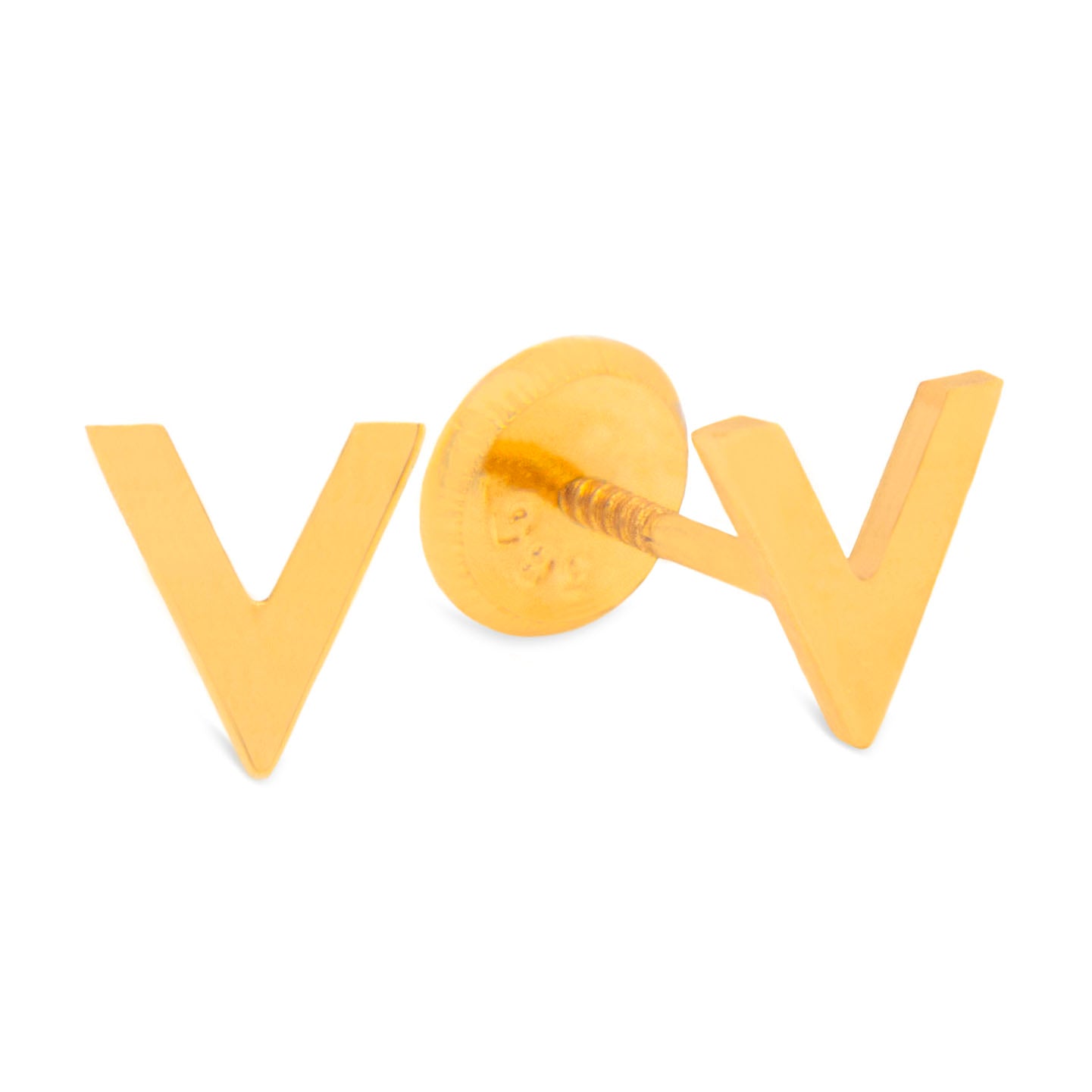14K Yellow Gold Initial Letter V Stud Pushback Earrings