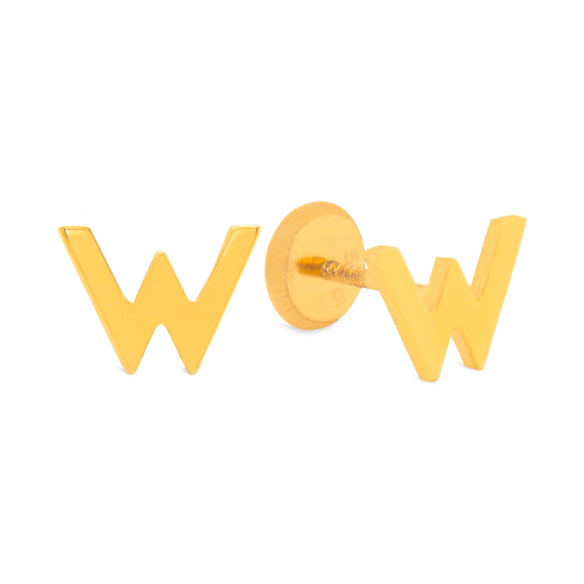 14K Yellow Gold Initial Letter W Stud Pushback Earrings
