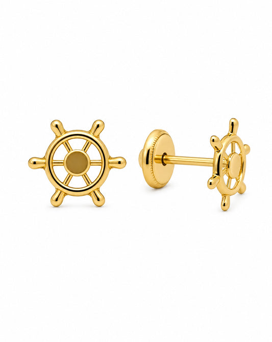 14K Yellow Gold Ship's Wheel Stud Screwback Earrings