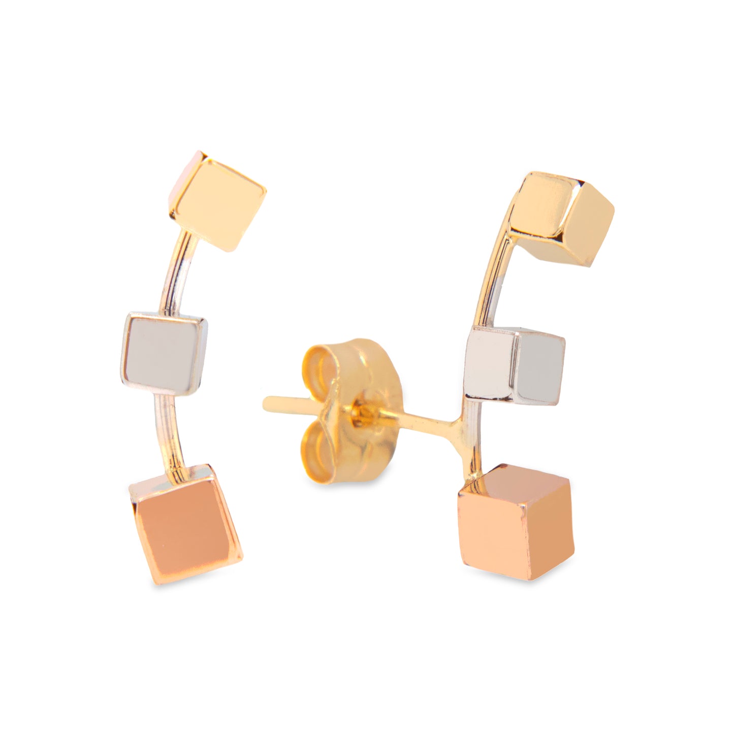 14K Tri-Color Gold Cubes Ear Climber Pushback Earring