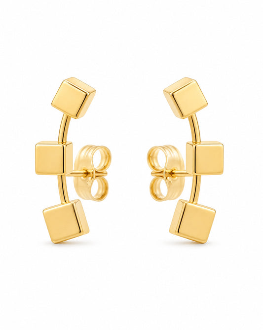 14K Yellow Gold Cubes Ear Climber Pushback Earring