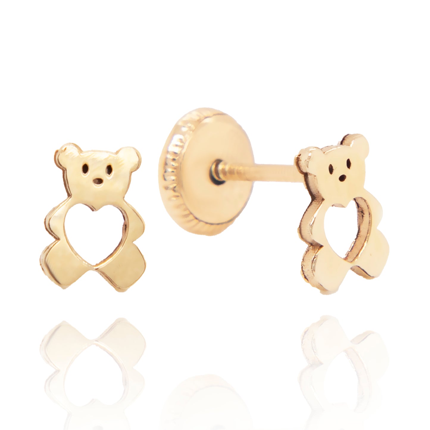 14K Yellow Gold Large Teddy Bear with Heart Cutout Screwback Earrings