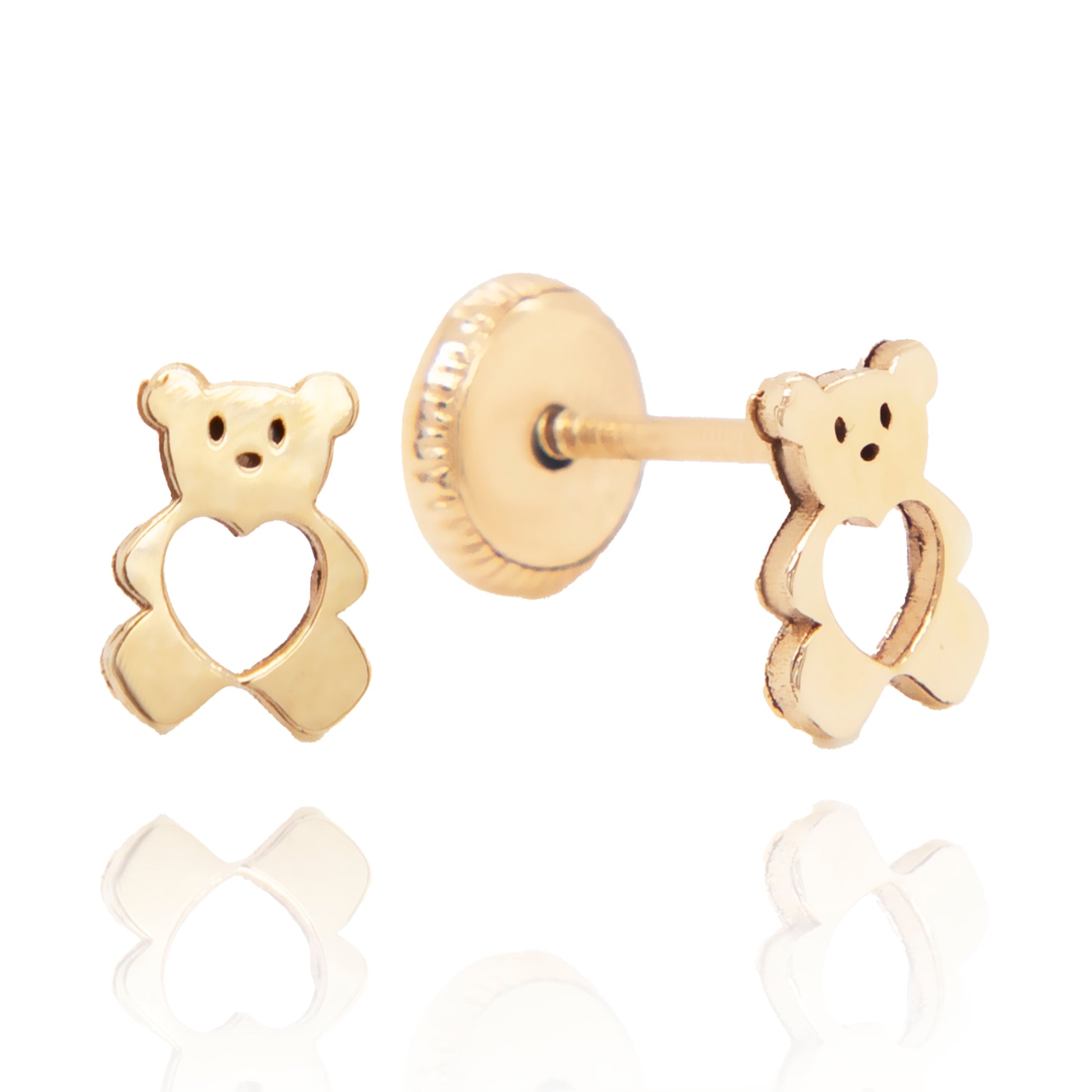 14K Yellow Gold Large Teddy Bear with Heart Cutout Screwback Earrings