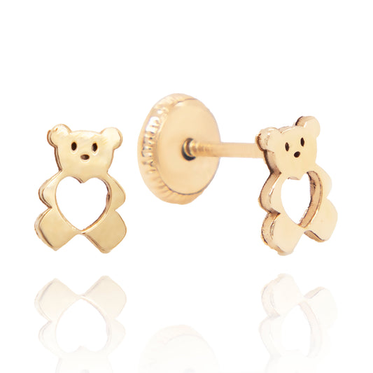 14K Yellow Gold Large Teddy Bear with Heart Cutout Screwback Earrings