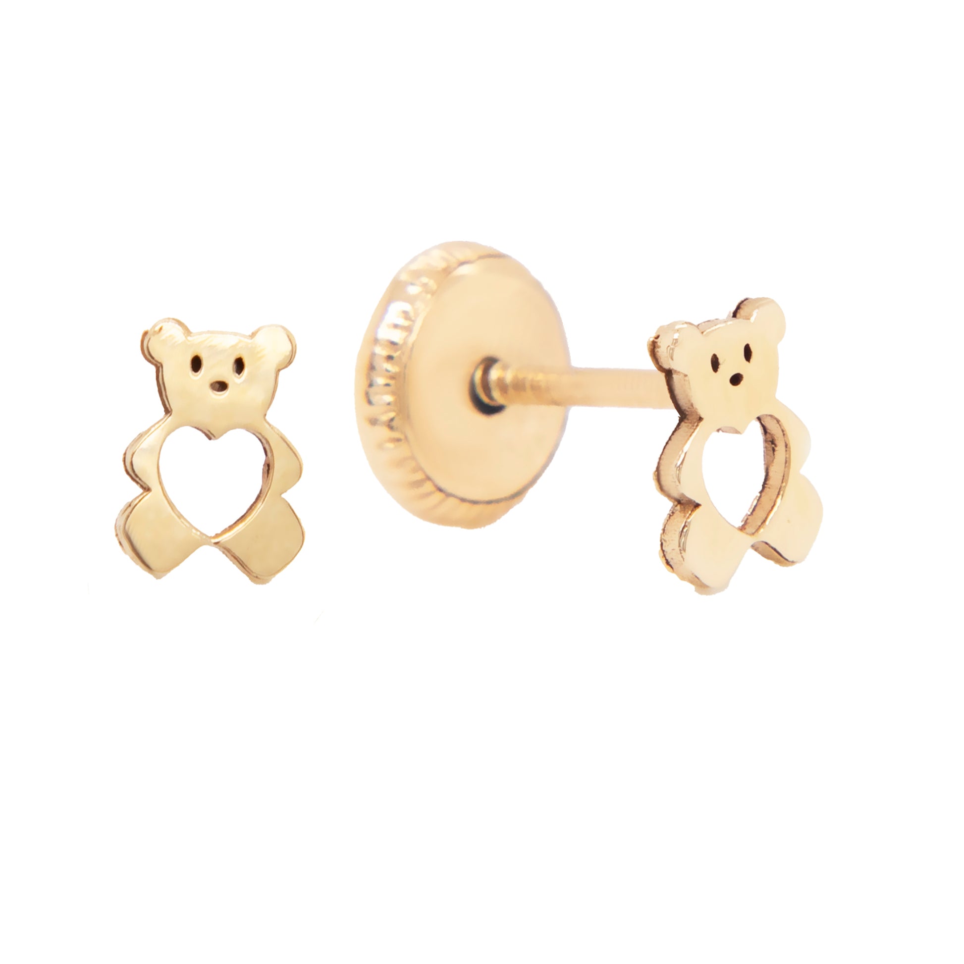 14K Yellow Gold Small Teddy Bear with Heart Cutout Screwback Earrings