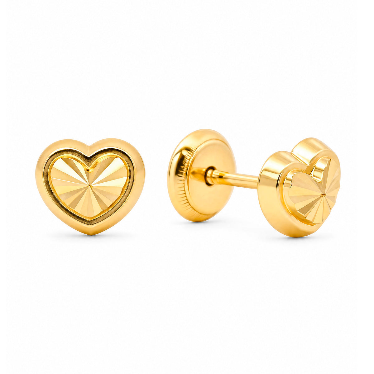 14K Yellow Gold Detailed Small Plain Heart Studs Screwback Earrings