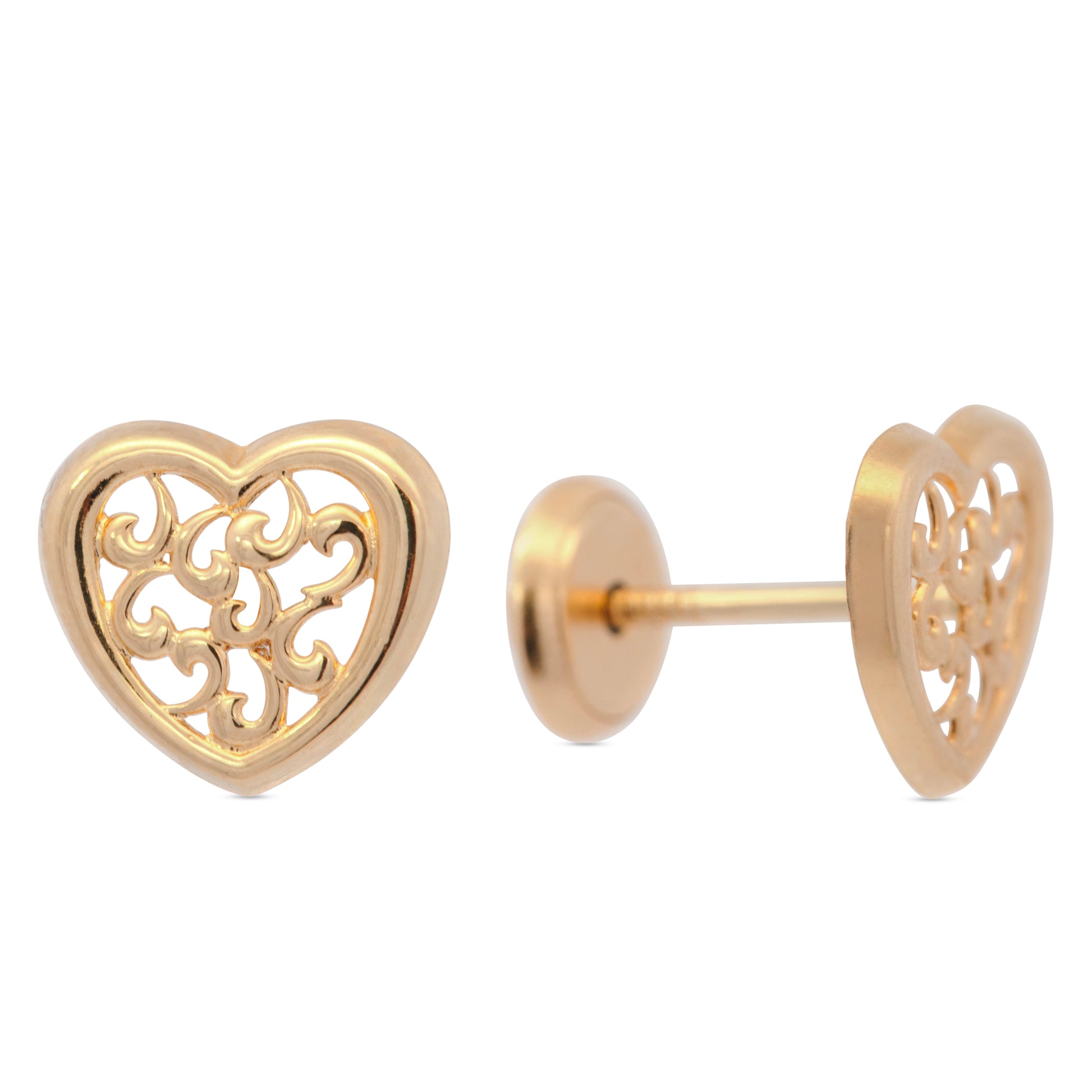 14K Yellow Gold Filigree Heart Screwback Earrings