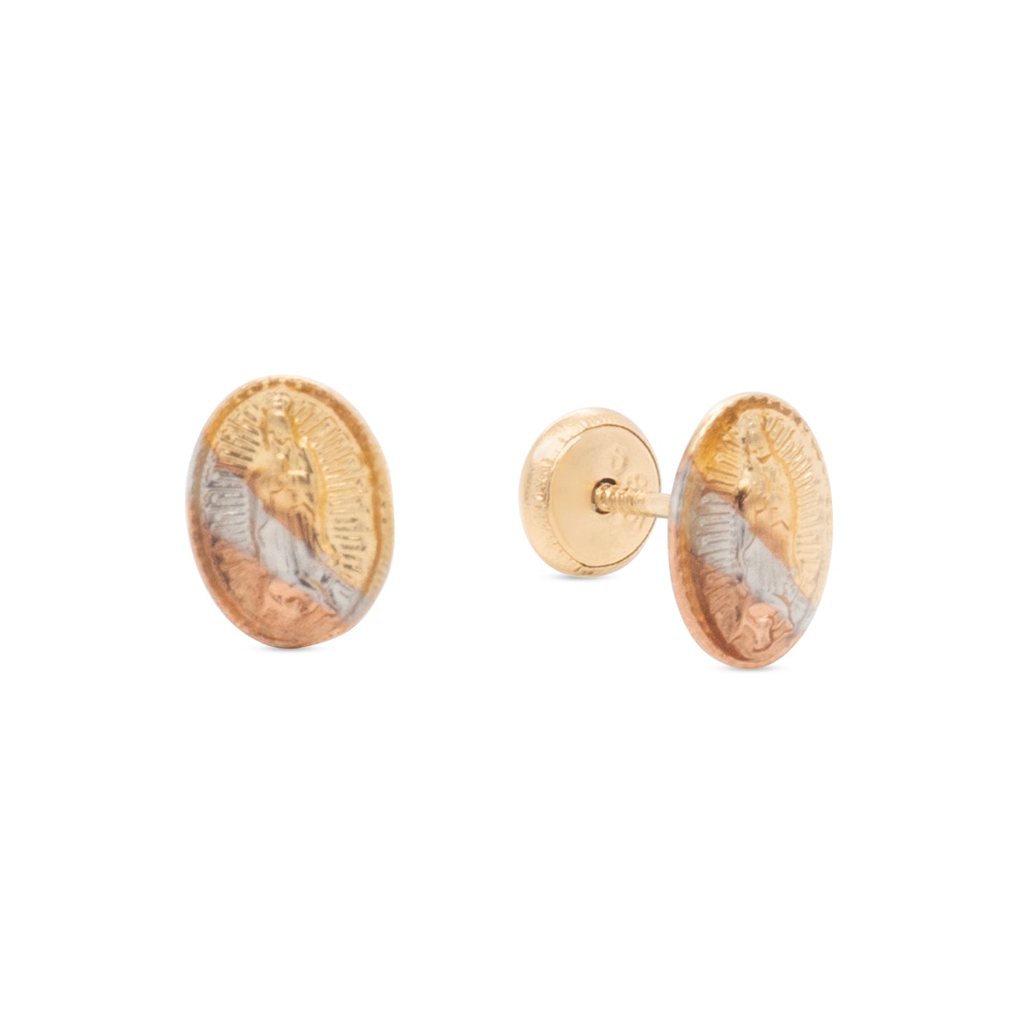 14K Tri-Color Gold Small Virgin Guadalupe Screwback Earrings