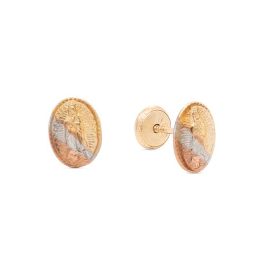 14K Tri-Color Gold Small Virgin Guadalupe Screwback Earrings