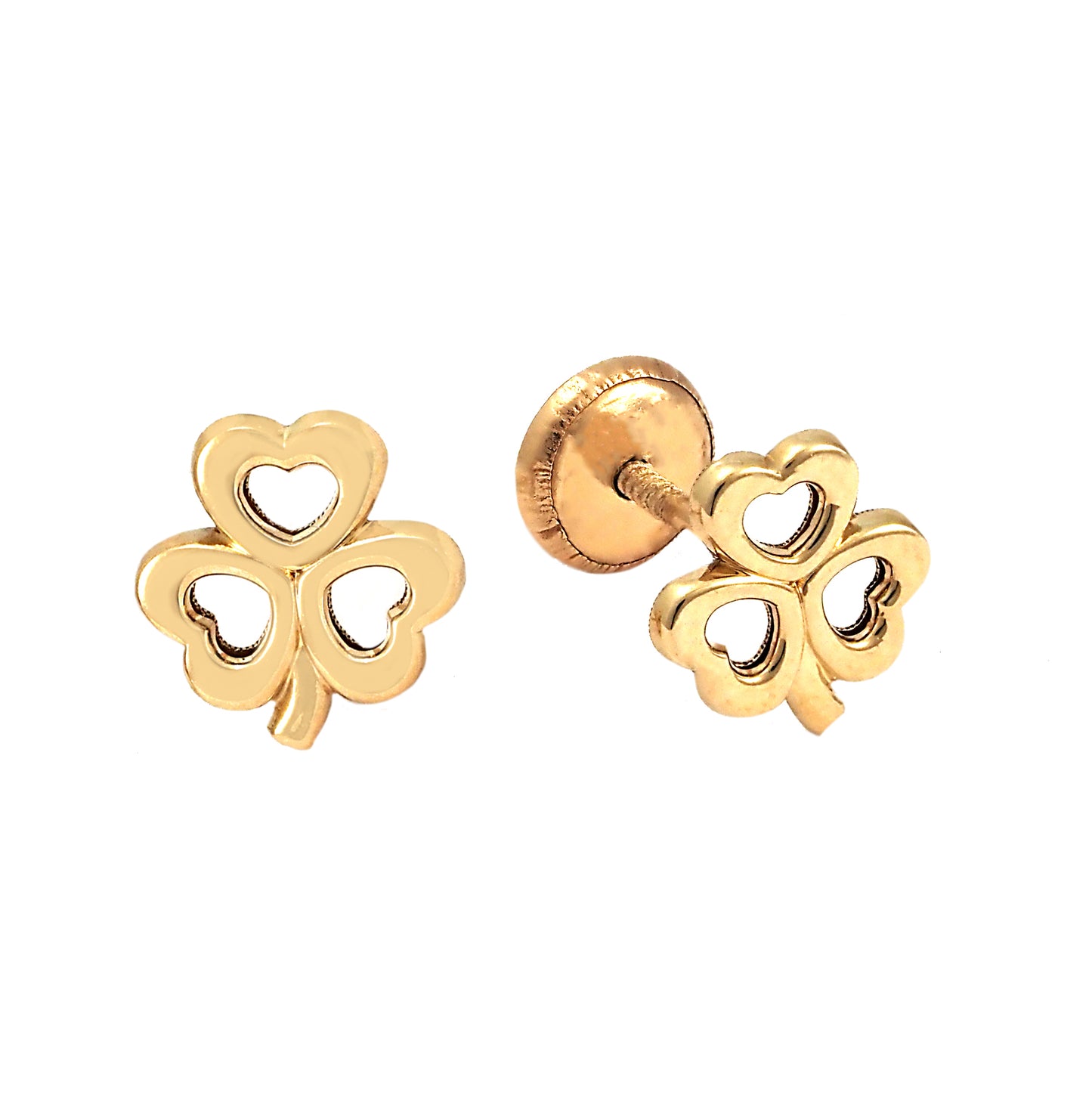 14K Yellow Gold Medium Open Heart Clover Screwback Earrings