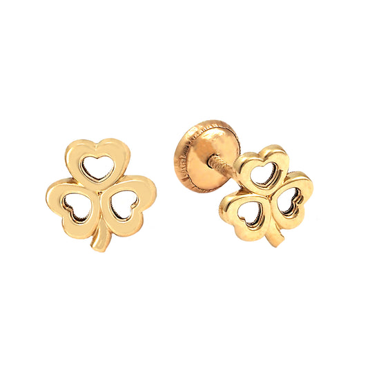 14K Yellow Gold Medium Open Heart Clover Screwback Earrings