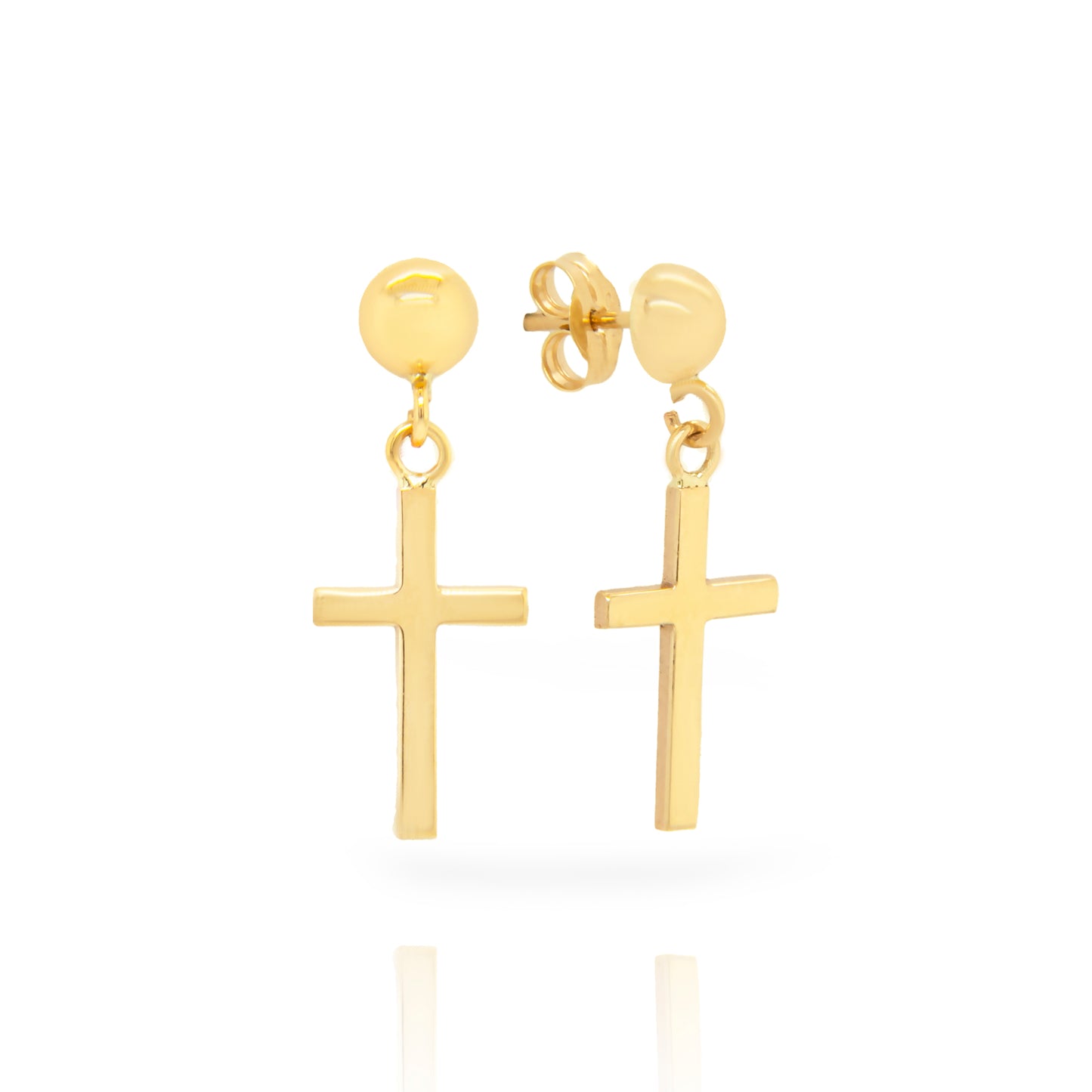 14K Yellow Gold Ball Stud Cross Drop Pushback Earrings