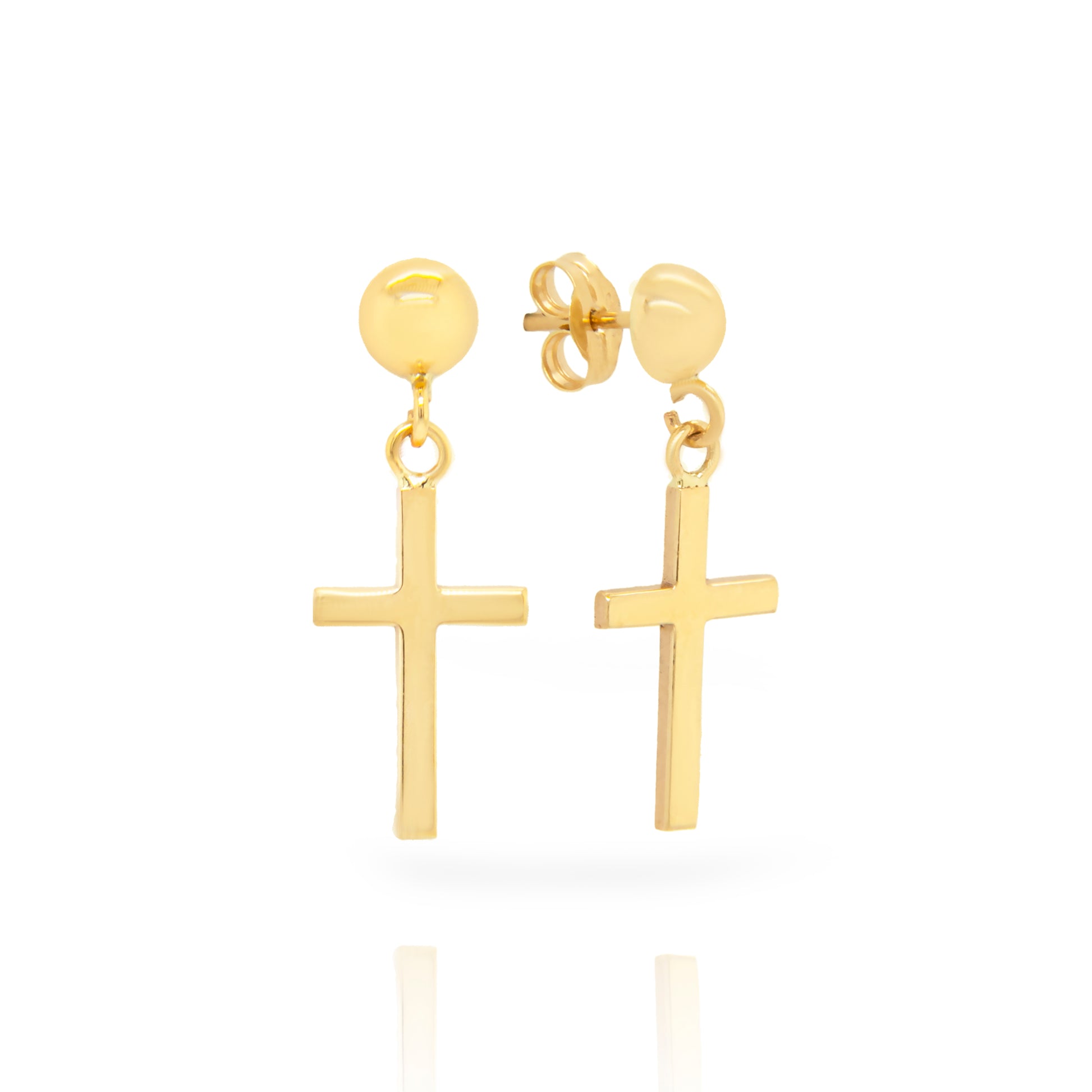 14K Yellow Gold Ball Stud Cross Drop Pushback Earrings