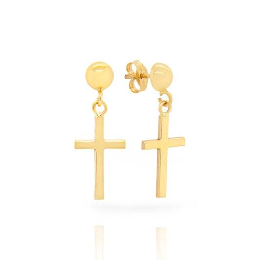 14K Yellow Gold Ball Stud Cross Drop Pushback Earrings