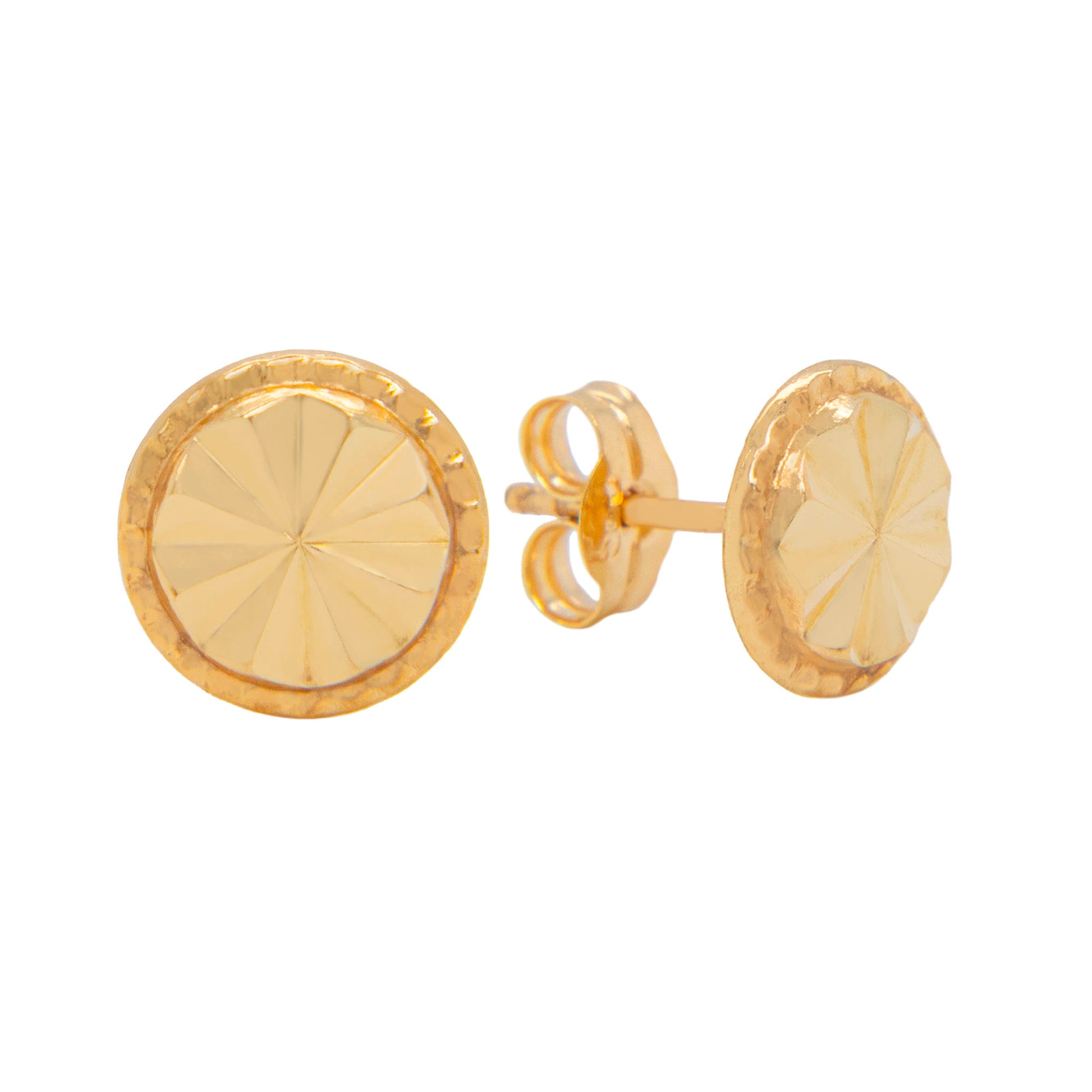 14K Yellow Gold Round Diamond Cut Center with Textured Border Pushback Earrings