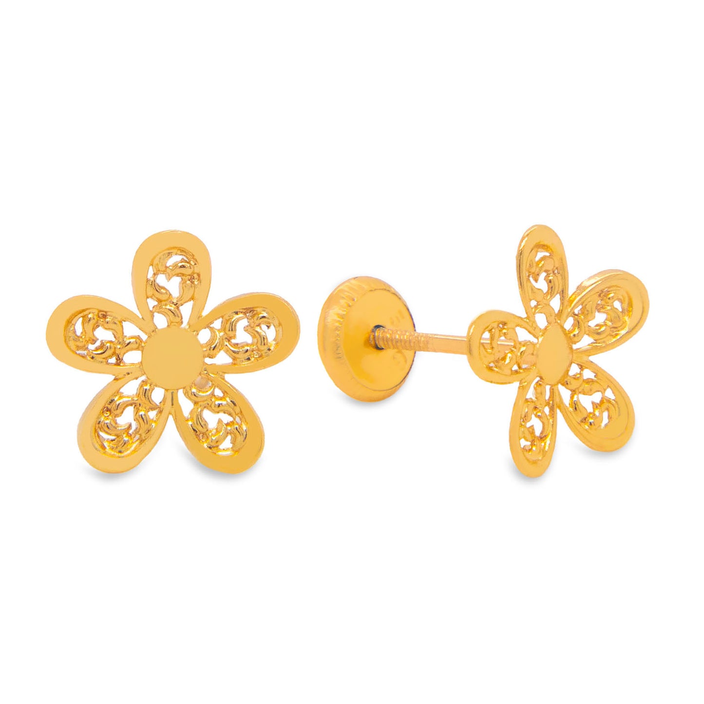 14K Yellow Gold Large Filigree Flower Screwback Earrings