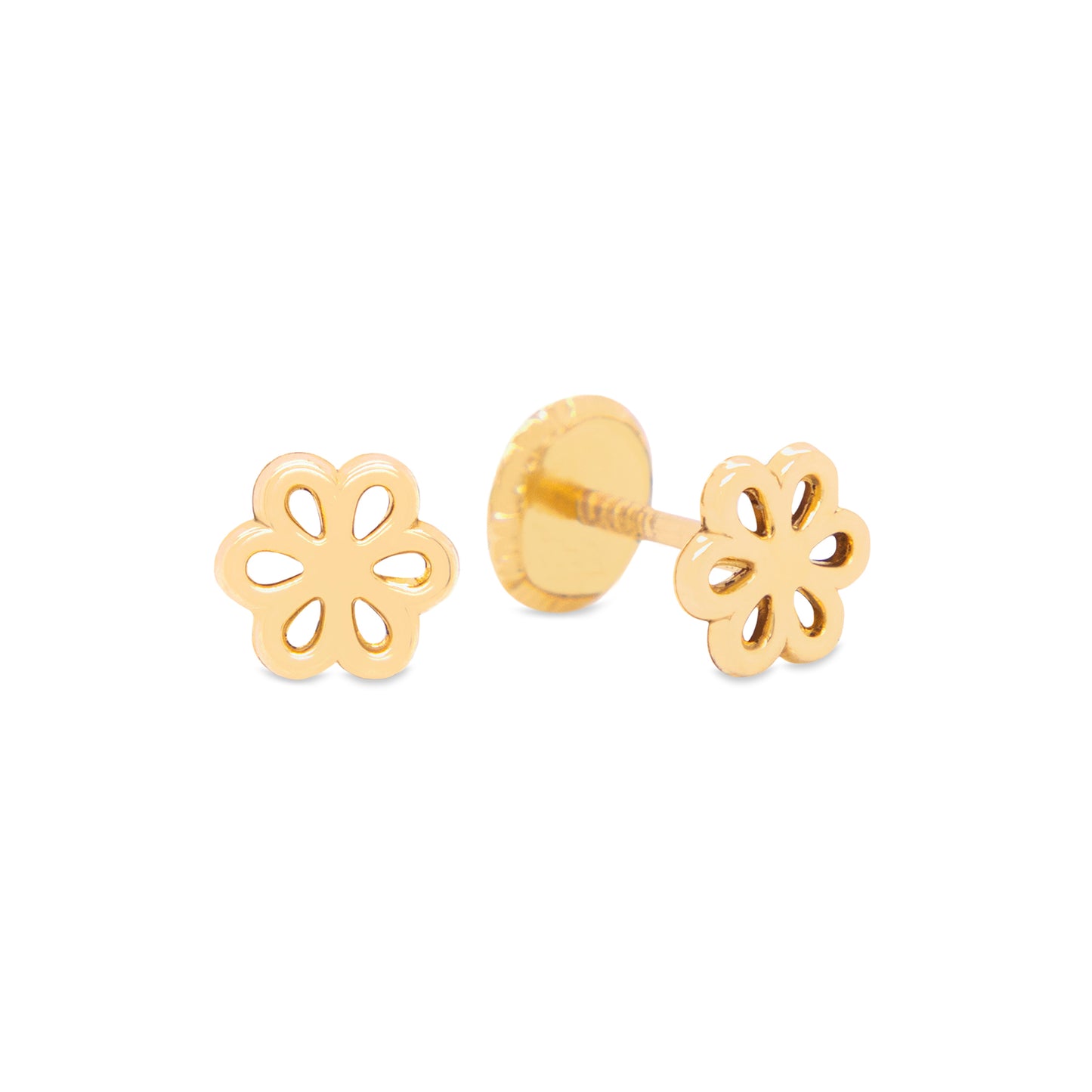 14K Yellow Gold Small Open Six-Petal Flower Screwback Earrings