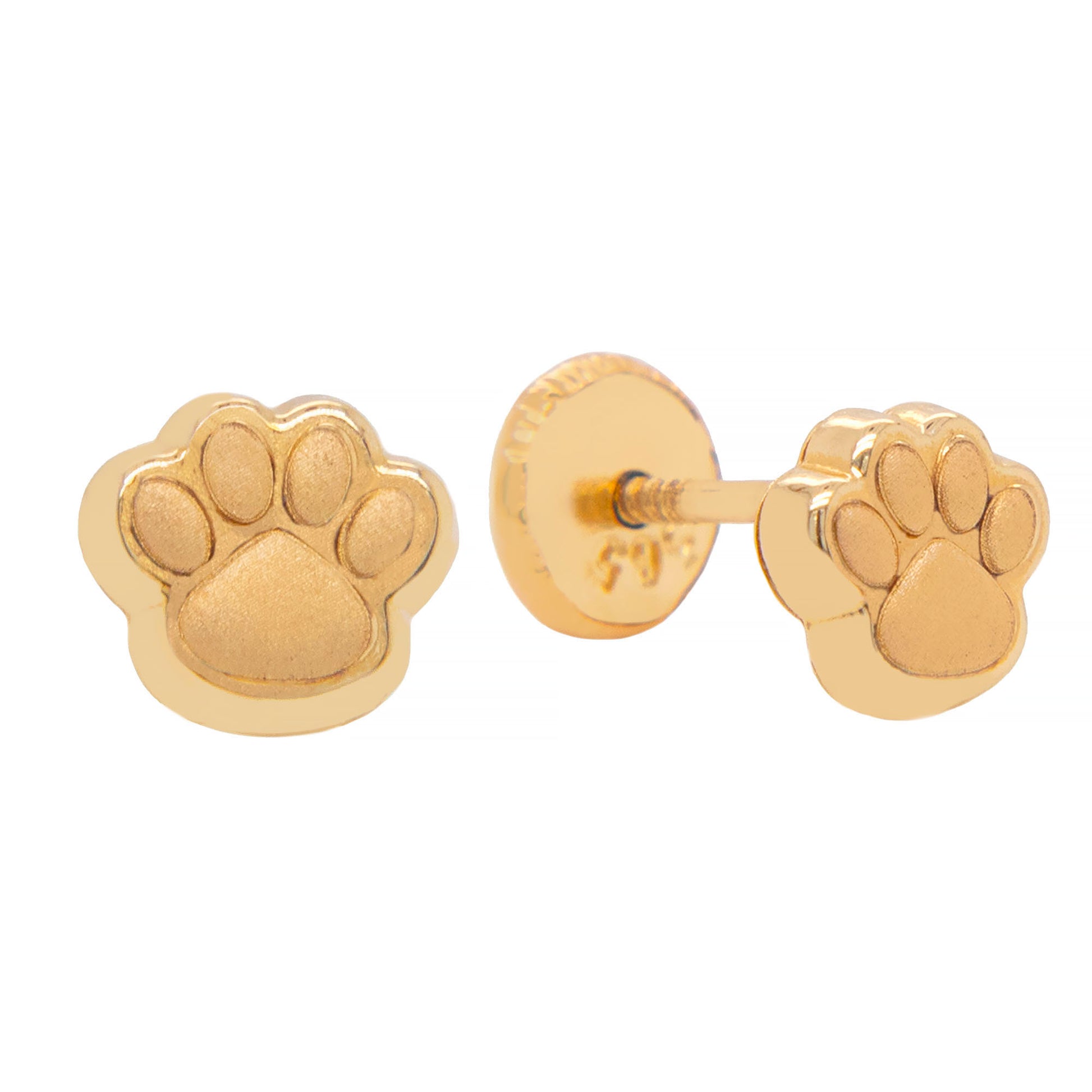 14K Yellow Gold Matte Paw Print Screwback Earrings