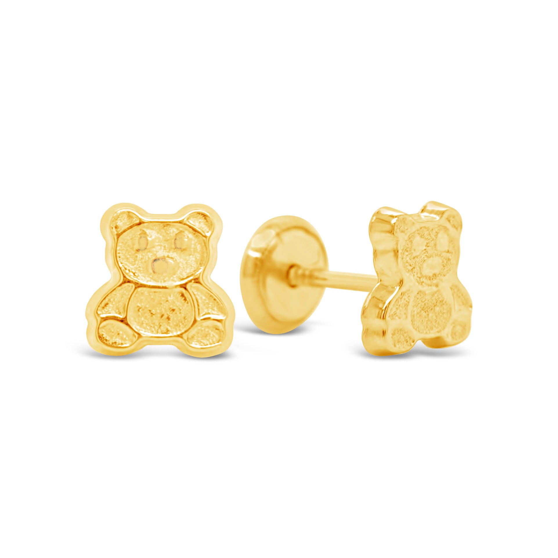 14K Yellow Gold Detailed Teddy Bear Screwback Earrings