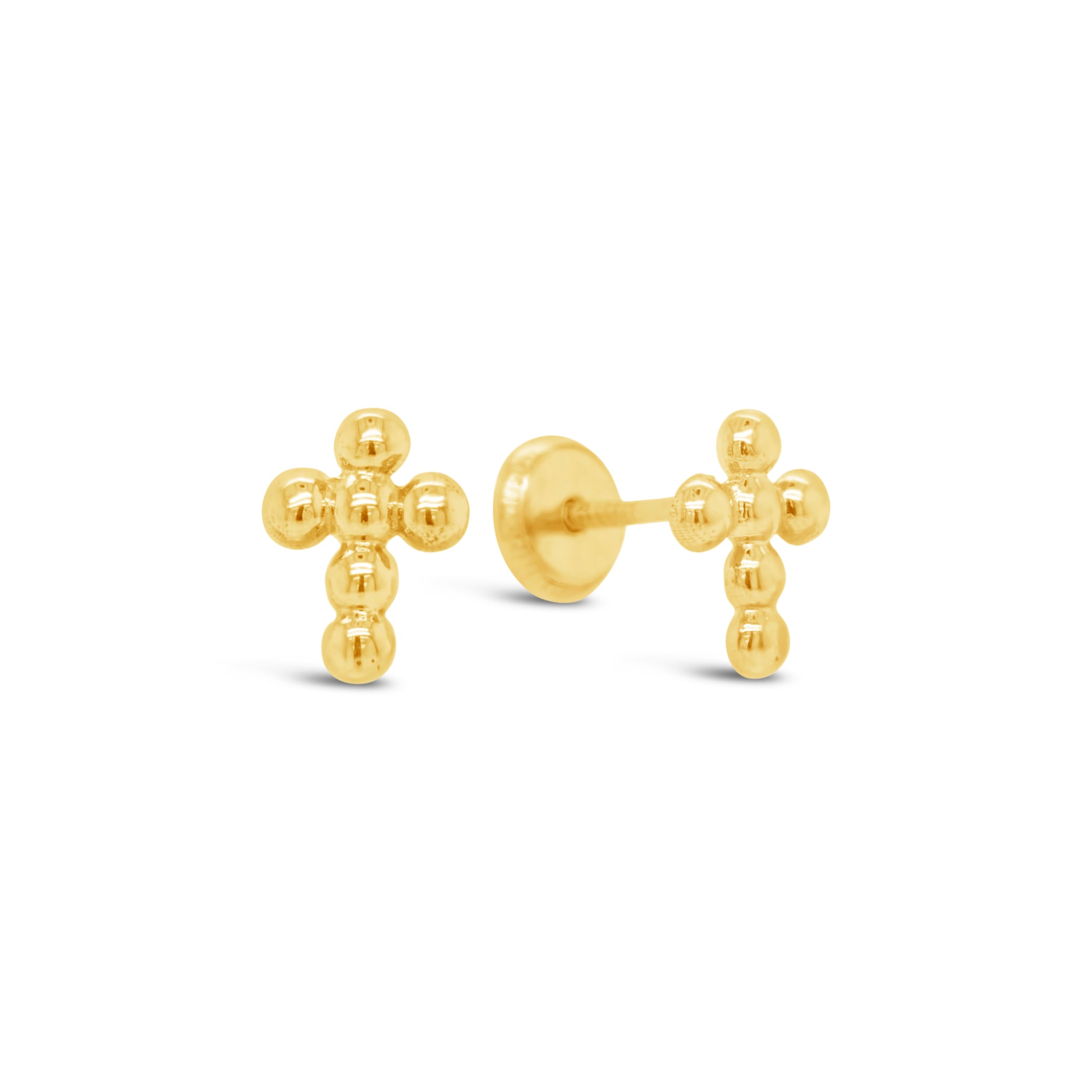 14K Yellow Gold Large Beaded Cross Screwback Earrings